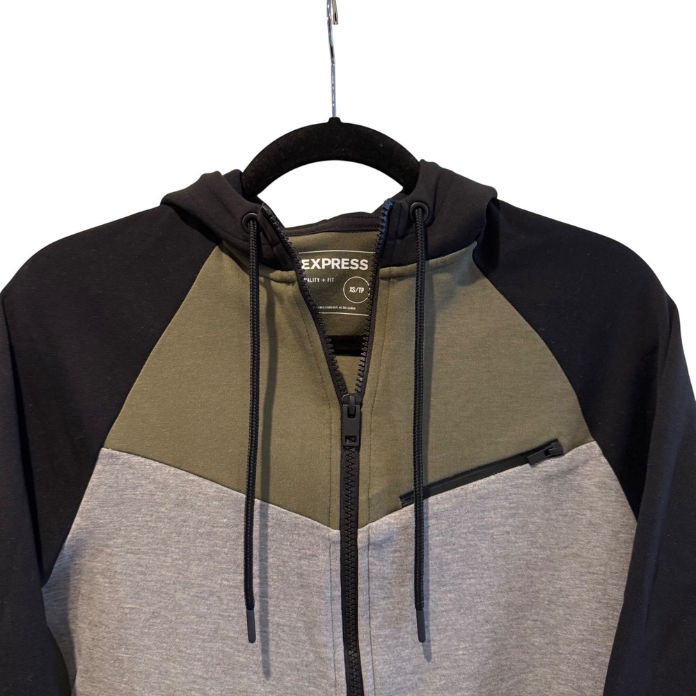 Express Full Zip Hoodie Hooded Jacket Black Olive Grey‎ Colorblock Mens XS